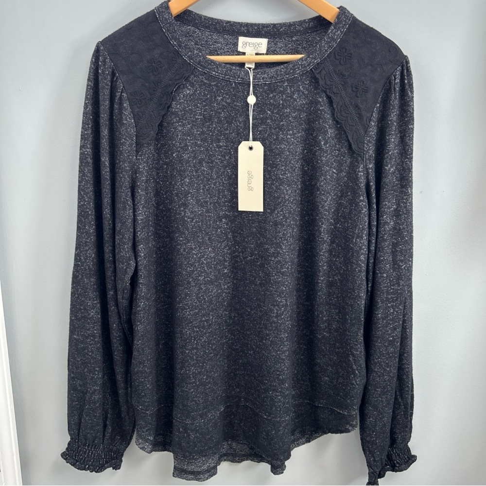 NWT Greige Charcoal Long Sleeve lightweight Lace Accent Top